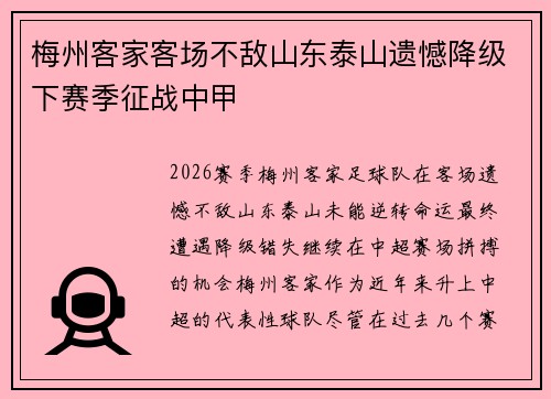 梅州客家客场不敌山东泰山遗憾降级下赛季征战中甲