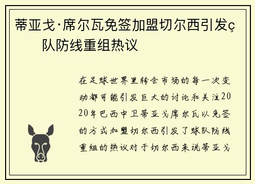 蒂亚戈·席尔瓦免签加盟切尔西引发球队防线重组热议