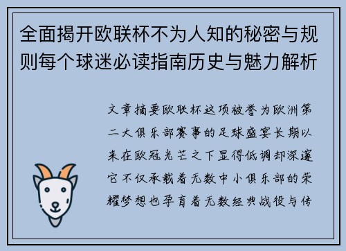 全面揭开欧联杯不为人知的秘密与规则每个球迷必读指南历史与魅力解析